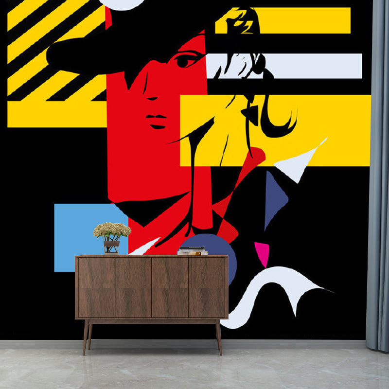 Art Deco Girls Wall Paper Murals with Woman Wearing Top Hat Painting, Black-Red-Yellow Clearhalo 'Wall Decor' 'Wall Mural' 1285349