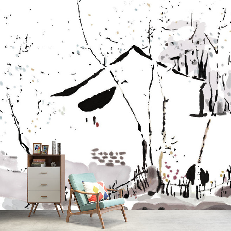 Chinese Ink Painting Farmhouse Mural Black-White Moisture Resistant Wall Art for Bedroom Black-White Clearhalo 'Wall Decor' 'Wall Mural' 1285382