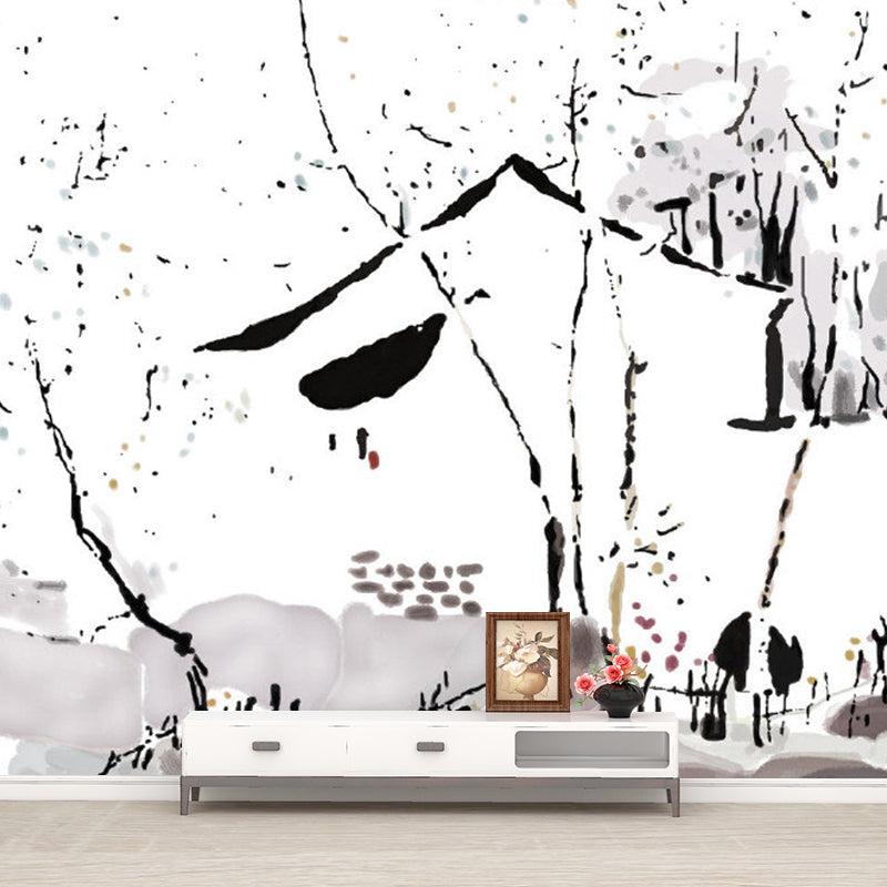 Chinese Ink Painting Farmhouse Mural Black-White Moisture Resistant Wall Art for Bedroom Clearhalo 'Wall Decor' 'Wall Mural' 1285383