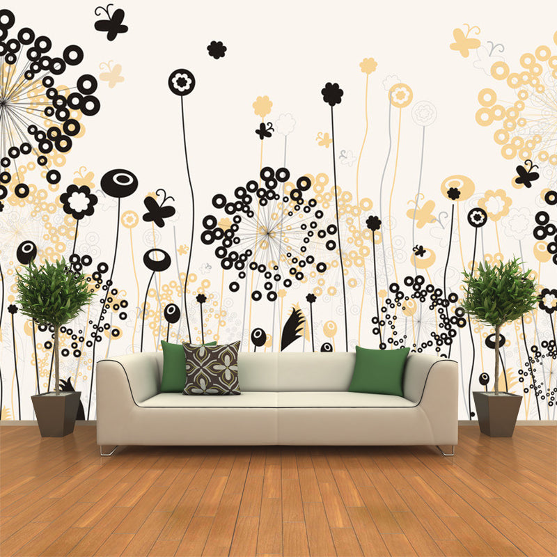 Black-Yellow Dandelion Wall Murals Moisture Resistant Modernist Bedroom Wall Covering Black-Yellow Clearhalo 'Wall Decor' 'Wall Mural' 1285442