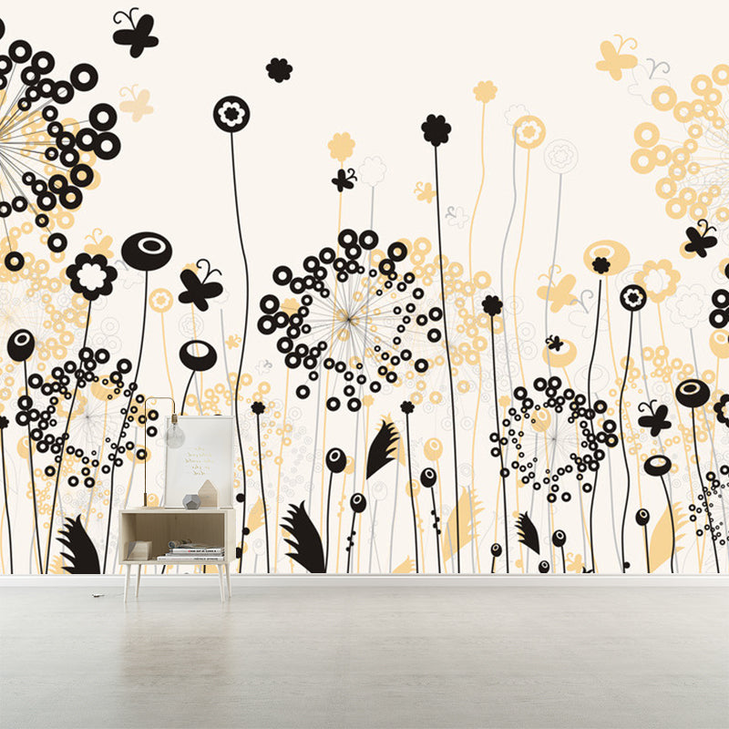 Black-Yellow Dandelion Wall Murals Moisture Resistant Modernist Bedroom Wall Covering Clearhalo 'Wall Decor' 'Wall Mural' 1285444