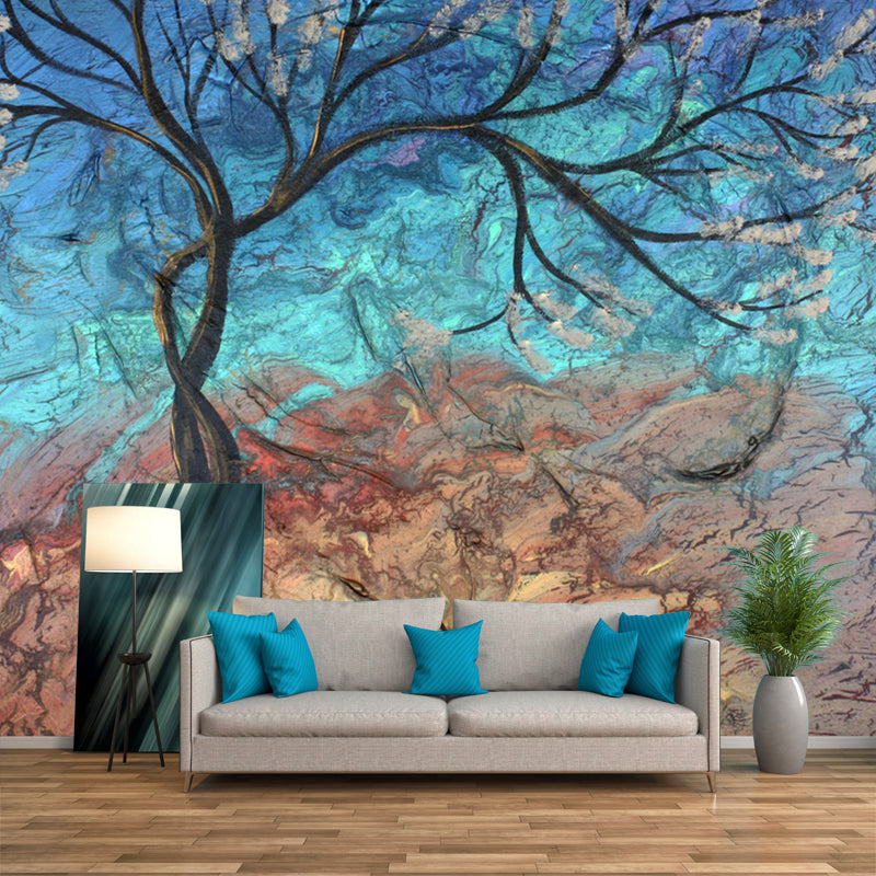 Leafless Tree Mural Wallpaper Modern Art Moisture Resistant Bedroom Wall Decor, Custom Size Blue-Brown Clearhalo 'Wall Decor' 'Wall Mural' 1285452