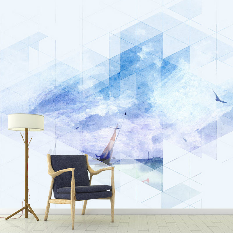 Contemporary Sailboat at Sea Mural Decal Blue and Purple Geometry Wall Art for Decoration Blue-Purple Clearhalo 'Wall Decor' 'Wall Mural' 1285467