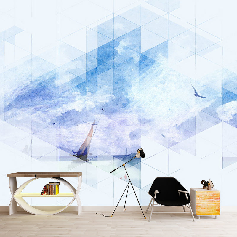 Contemporary Sailboat at Sea Mural Decal Blue and Purple Geometry Wall Art for Decoration Clearhalo 'Wall Decor' 'Wall Mural' 1285468