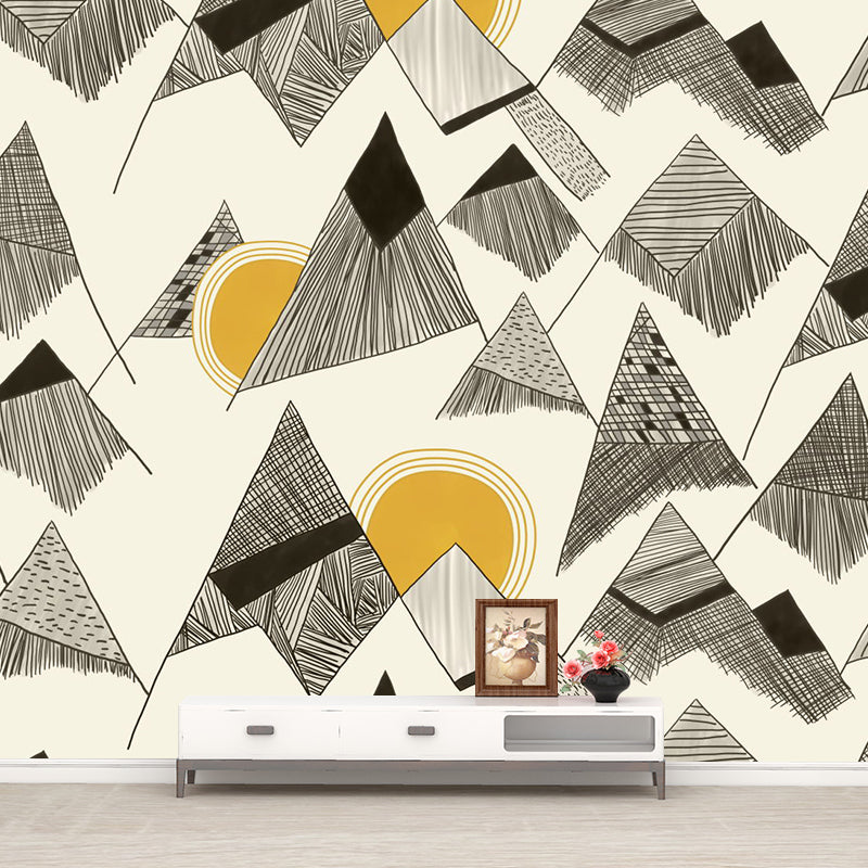 Full Size Art Deco Murals Wallpaper Yellow-Black Sun Behind Cone Mountain Drawing Wall Covering, Custom Print Yellow-Black Clearhalo 'Wall Decor' 'Wall Mural' 1285487