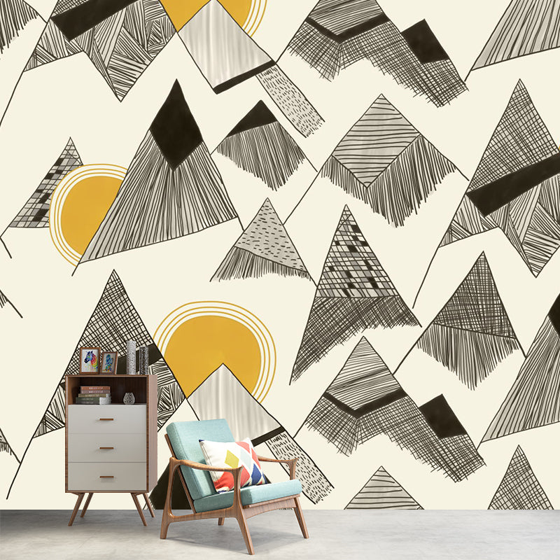 Full Size Art Deco Murals Wallpaper Yellow-Black Sun Behind Cone Mountain Drawing Wall Covering, Custom Print Clearhalo 'Wall Decor' 'Wall Mural' 1285488