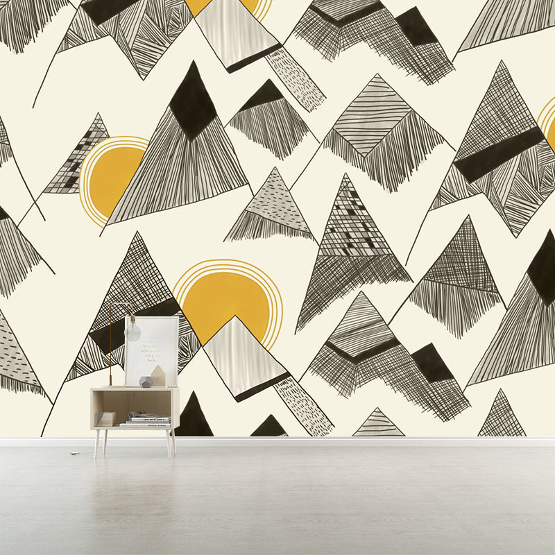 Full Size Art Deco Murals Wallpaper Yellow-Black Sun Behind Cone Mountain Drawing Wall Covering, Custom Print Clearhalo 'Wall Decor' 'Wall Mural' 1285489