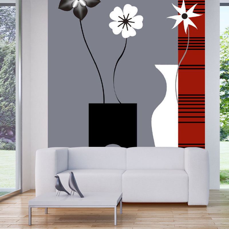 Red-Black Minimalist Wall Mural Decal Large Flower and Vase Pattern Wall Covering for Decor Clearhalo 'Wall Decor' 'Wall Mural' 1285528