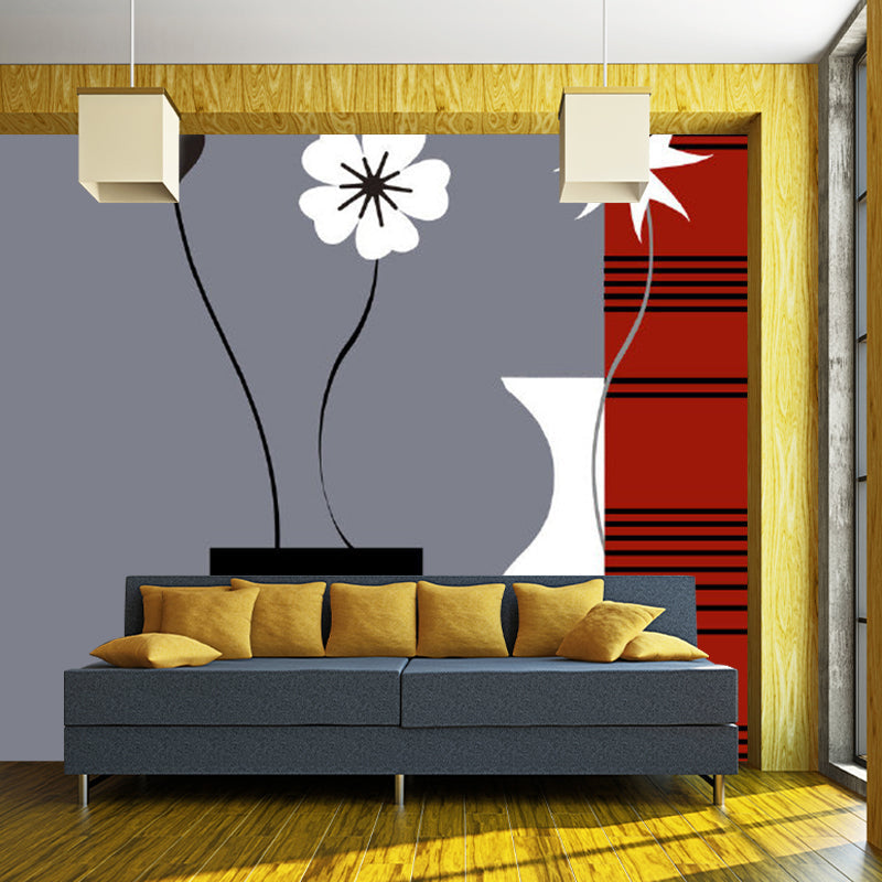 Red-Black Minimalist Wall Mural Decal Large Flower and Vase Pattern Wall Covering for Decor Clearhalo 'Wall Decor' 'Wall Mural' 1285529