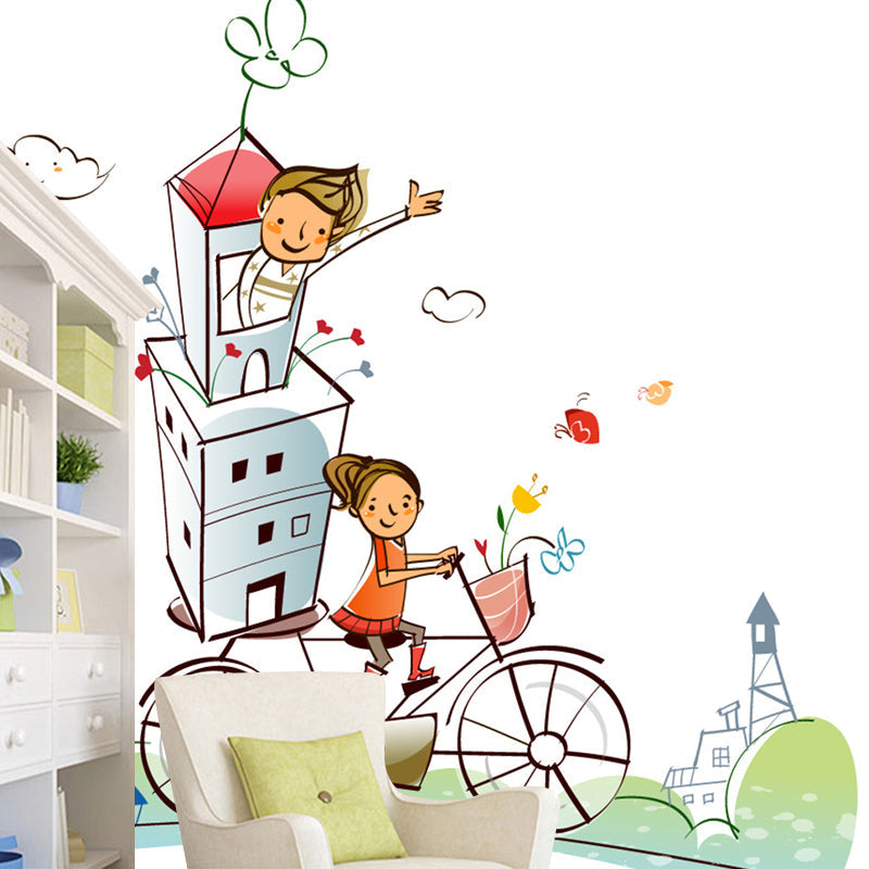 Cartoon Fantasy Bike Riding Mural Decal Orange-Green Water Resistant Wall Art for Bedroom Orange-Green Clearhalo 'Wall Decor' 'Wall Mural' 1285552