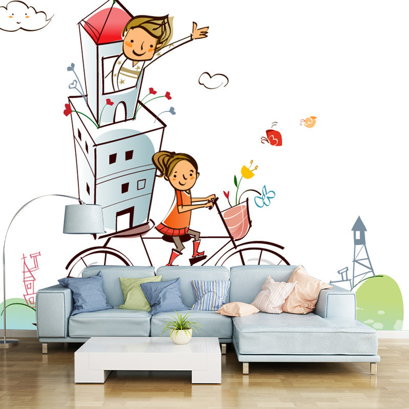 Cartoon Fantasy Bike Riding Mural Decal Orange-Green Water Resistant Wall Art for Bedroom Clearhalo 'Wall Decor' 'Wall Mural' 1285554