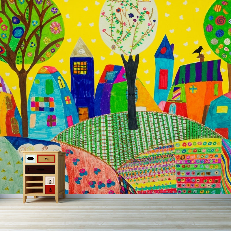 Colorful Childrens Art Wall Murals Full Size Suburbs Drawing Wall Decor for Nursery Red-Yellow-Blue-Green Clearhalo 'Wall Decor' 'Wall Mural' 1285562