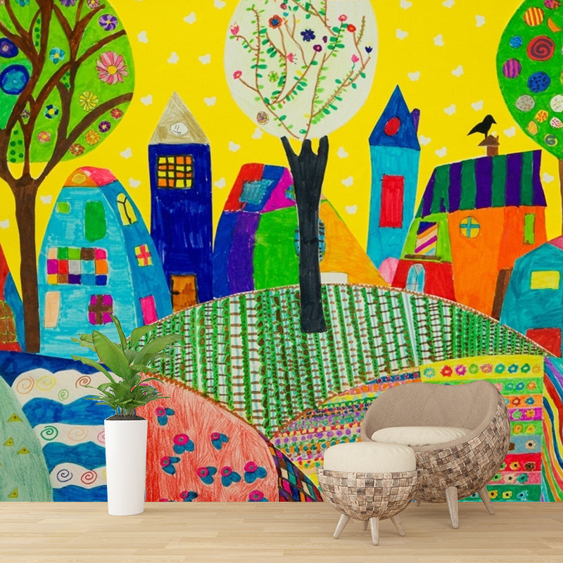 Colorful Childrens Art Wall Murals Full Size Suburbs Drawing Wall Decor for Nursery Clearhalo 'Wall Decor' 'Wall Mural' 1285563