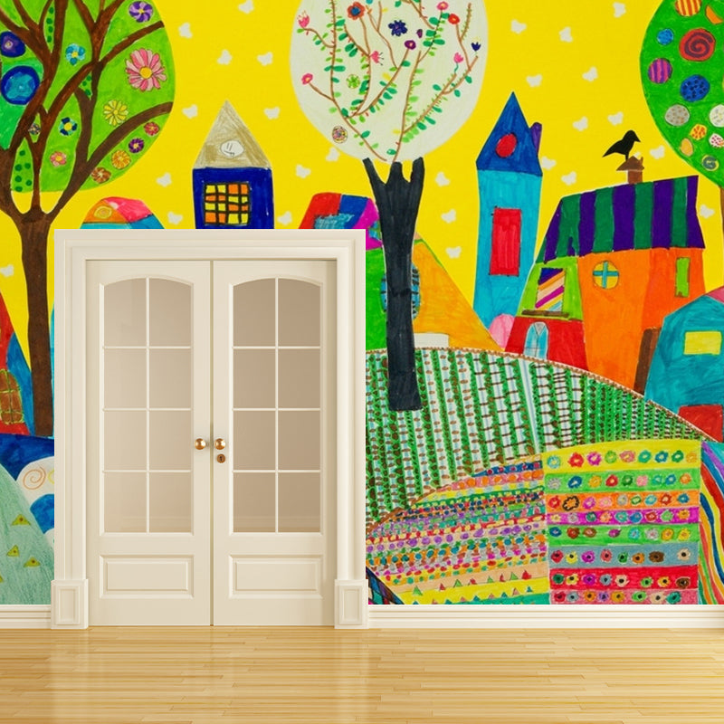 Colorful Childrens Art Wall Murals Full Size Suburbs Drawing Wall Decor for Nursery Clearhalo 'Wall Decor' 'Wall Mural' 1285564