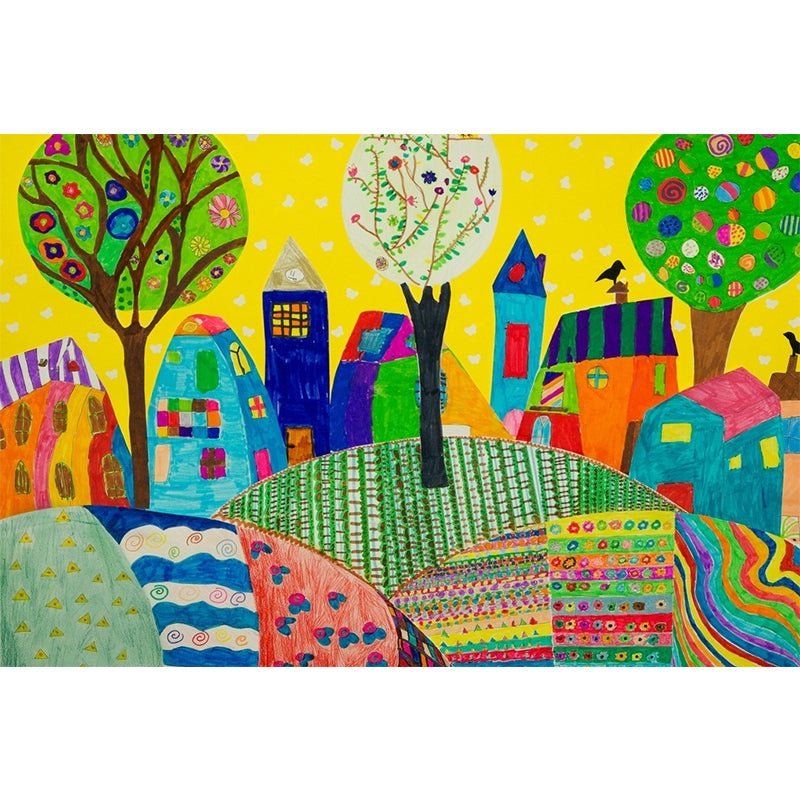 Colorful Childrens Art Wall Murals Full Size Suburbs Drawing Wall Decor for Nursery Clearhalo 'Wall Decor' 'Wall Mural' 1285565