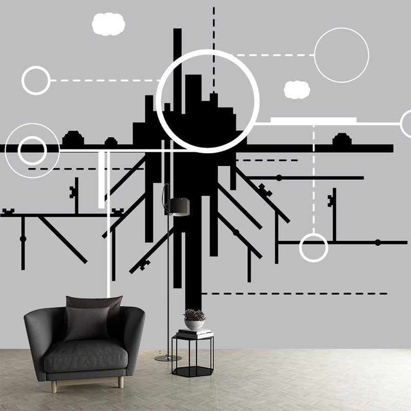 City Construction Wallpaper Murals Minimalist Non-Woven Cloth Wall Art in Black-Grey-White Black Gray-White Clearhalo 'Wall Decor' 'Wall Mural' 1285572