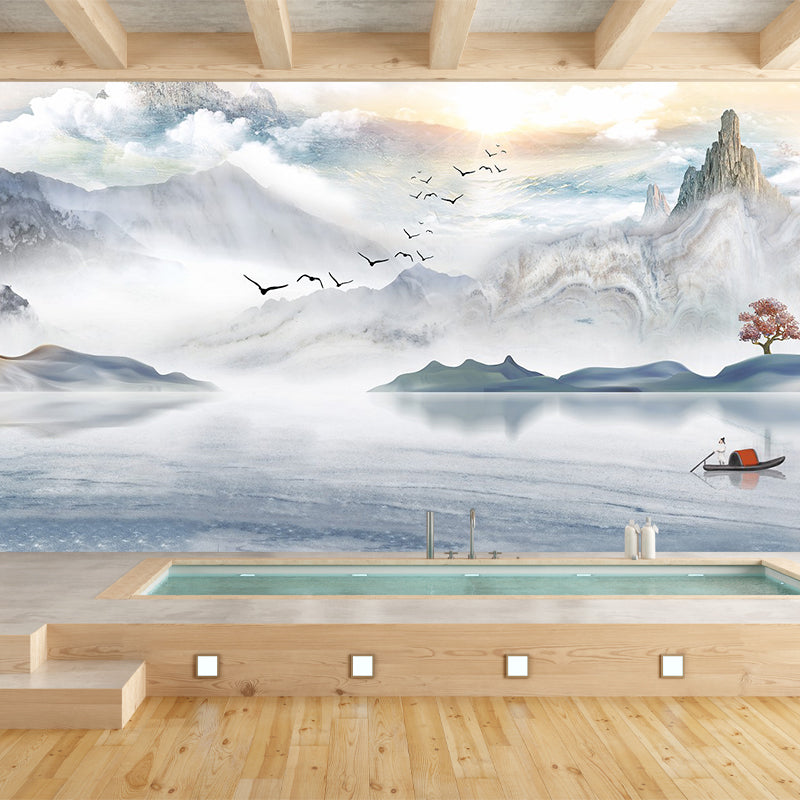 Serenity River Landscape Wall Murals for Living Room Scenery Wall Covering, Made to Measure Yellow-Blue Clearhalo 'Wall Decor' 'Wall Mural' 1285577