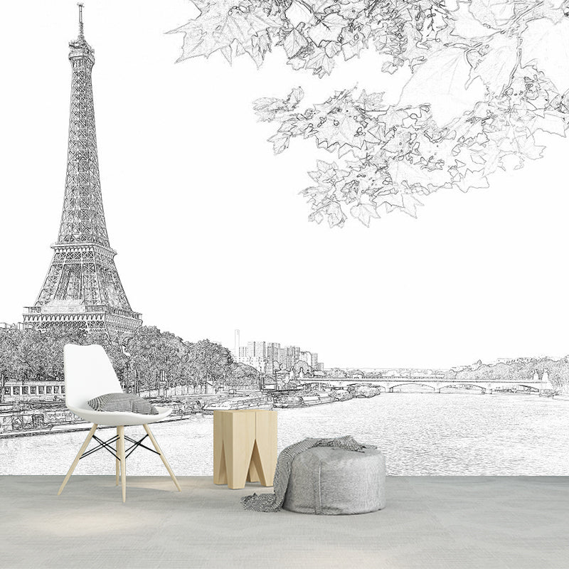 Modern Eiffel Tower Wallpaper Murals Black-White River Seine Scene Wall Art for Decoration Black-White Clearhalo 'Wall Decor' 'Wall Mural' 1285582