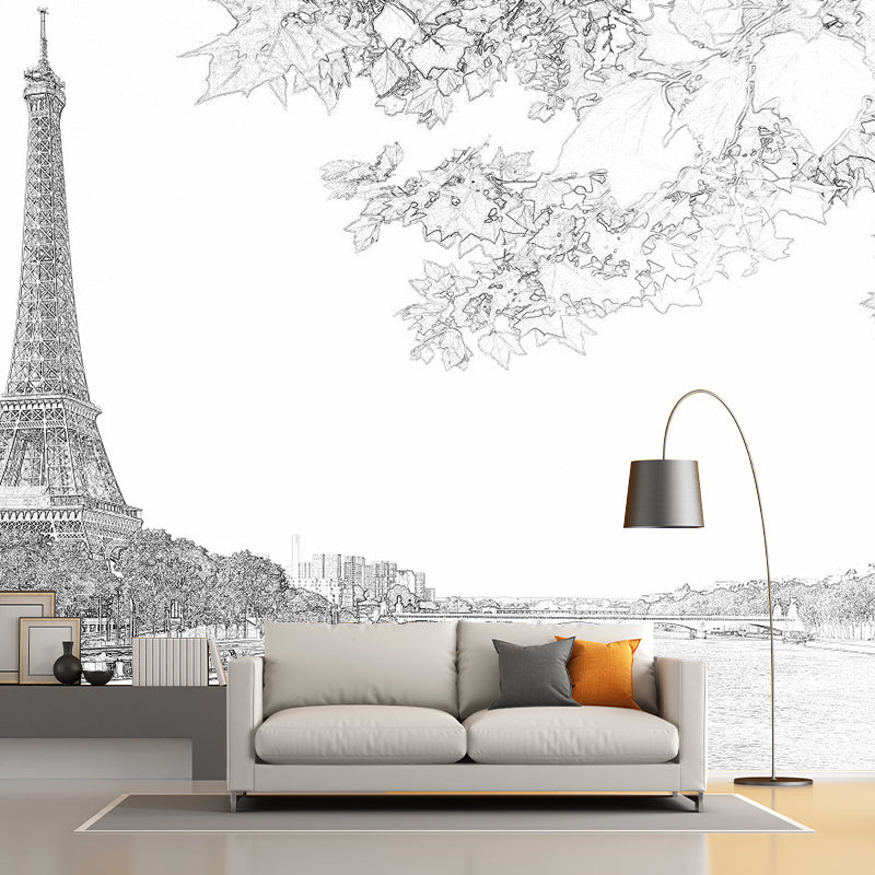 Modern Eiffel Tower Wallpaper Murals Black-White River Seine Scene Wall Art for Decoration Clearhalo 'Wall Decor' 'Wall Mural' 1285583