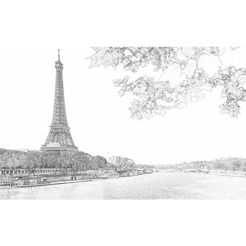 Modern Eiffel Tower Wallpaper Murals Black-White River Seine Scene Wall Art for Decoration Clearhalo 'Wall Decor' 'Wall Mural' 1285585