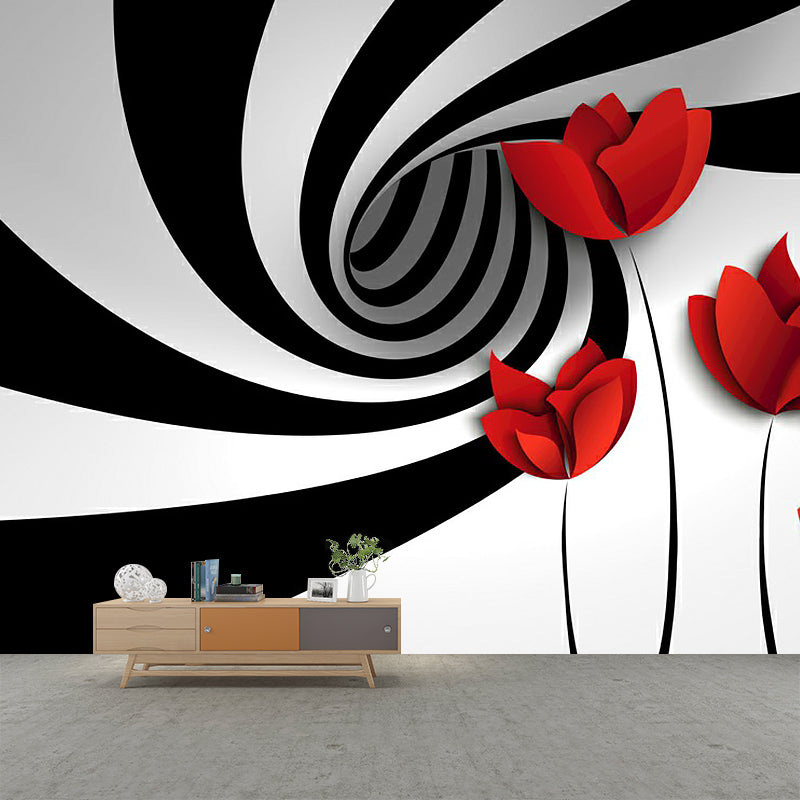 Minimal Flower Whirling Wall Mural Black-Red Water Resistant Wall Art for Living Room Black-Red Clearhalo 'Wall Decor' 'Wall Mural' 1289006