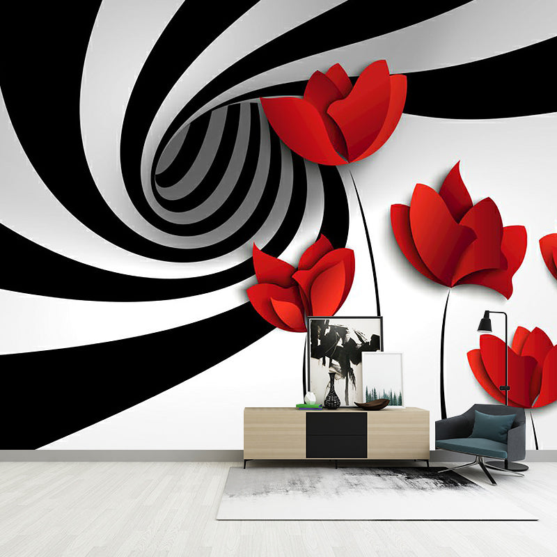 Minimal Flower Whirling Wall Mural Black-Red Water Resistant Wall Art for Living Room Clearhalo 'Wall Decor' 'Wall Mural' 1289007