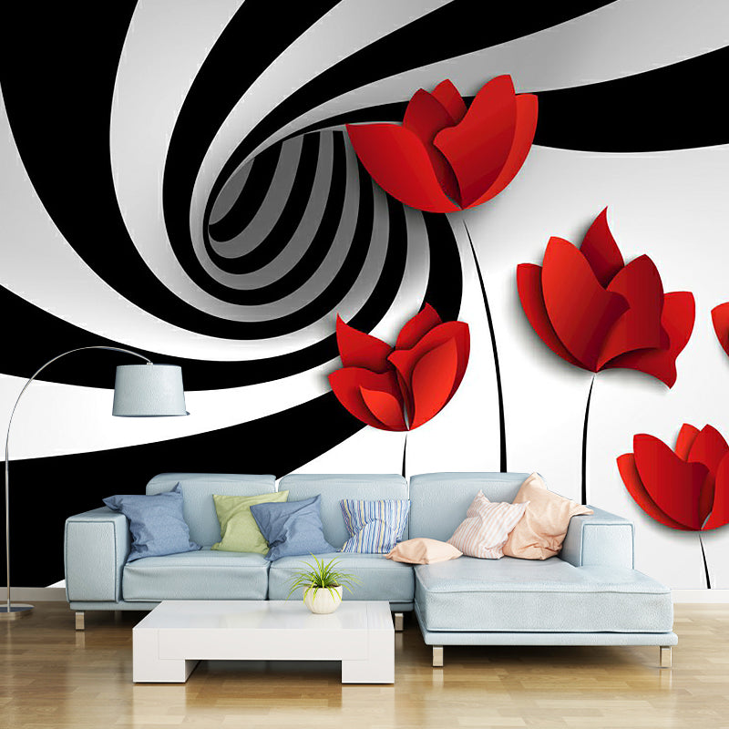 Minimal Flower Whirling Wall Mural Black-Red Water Resistant Wall Art for Living Room Clearhalo 'Wall Decor' 'Wall Mural' 1289008