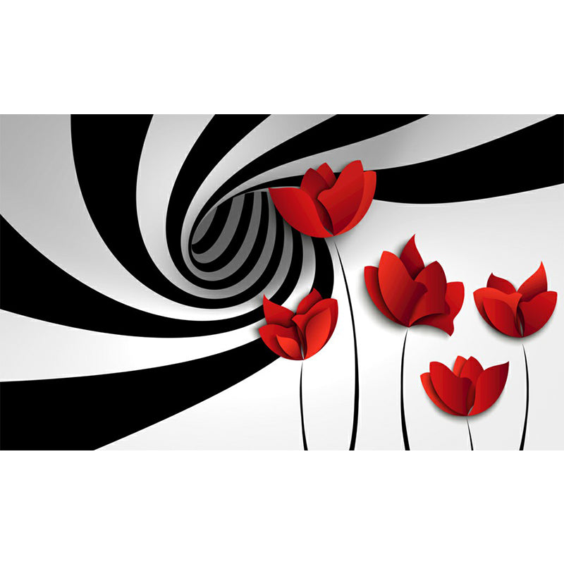 Minimal Flower Whirling Wall Mural Black-Red Water Resistant Wall Art for Living Room Clearhalo 'Wall Decor' 'Wall Mural' 1289009