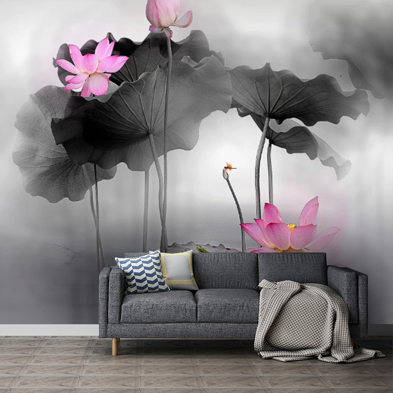 Chinese Watercolor Lotus Pond Murals for Living Room Personalized Wall Decor in Black-Pink Black-Pink Clearhalo 'Wall Decor' 'Wall Mural' 1289011