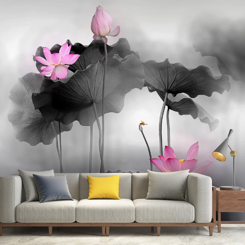 Chinese Watercolor Lotus Pond Murals for Living Room Personalized Wall Decor in Black-Pink Clearhalo 'Wall Decor' 'Wall Mural' 1289012