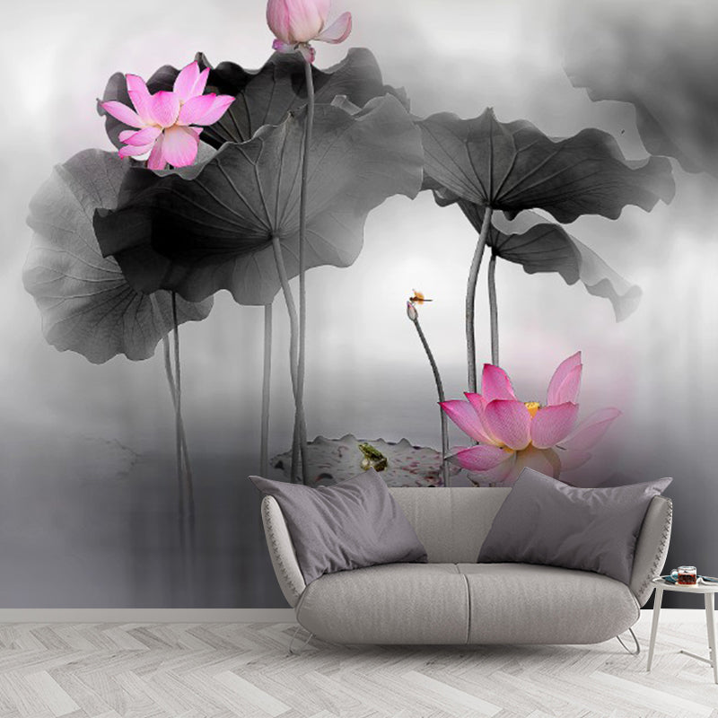 Chinese Watercolor Lotus Pond Murals for Living Room Personalized Wall Decor in Black-Pink Clearhalo 'Wall Decor' 'Wall Mural' 1289013