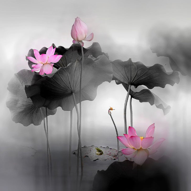 Chinese Watercolor Lotus Pond Murals for Living Room Personalized Wall Decor in Black-Pink Clearhalo 'Wall Decor' 'Wall Mural' 1289014