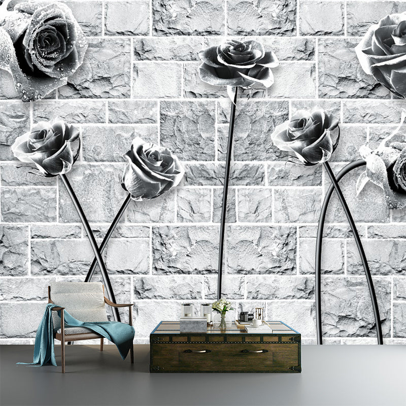 Rose and Brick Wallpaper Mural Black-White Contemporary Wall Covering for Bedroom Black-White Clearhalo 'Wall Decor' 'Wall Mural' 1289021