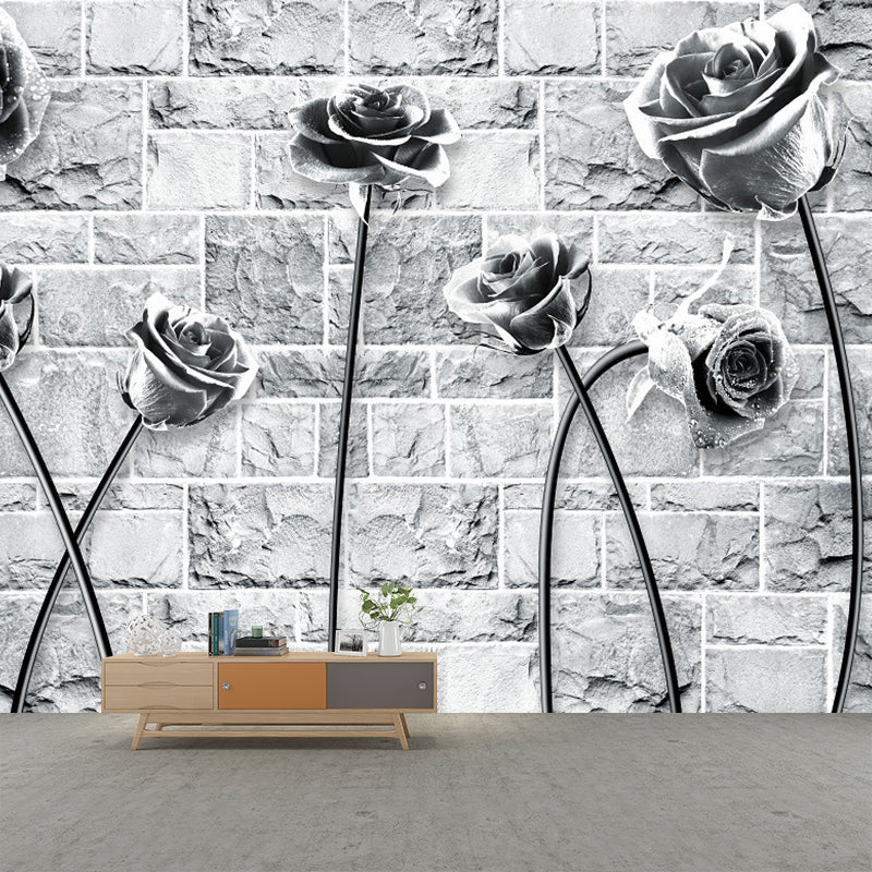 Rose and Brick Wallpaper Mural Black-White Contemporary Wall Covering for Bedroom Clearhalo 'Wall Decor' 'Wall Mural' 1289022