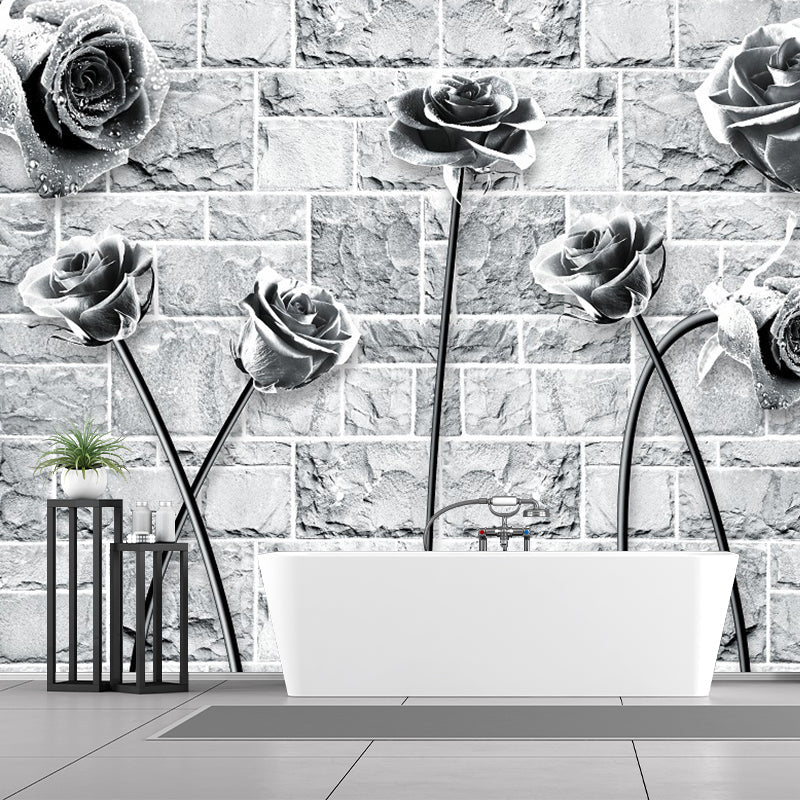 Rose and Brick Wallpaper Mural Black-White Contemporary Wall Covering for Bedroom Clearhalo 'Wall Decor' 'Wall Mural' 1289023