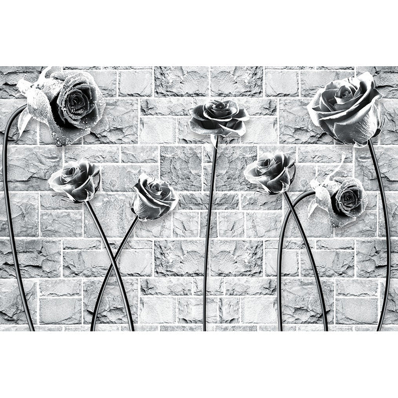 Rose and Brick Wallpaper Mural Black-White Contemporary Wall Covering for Bedroom Clearhalo 'Wall Decor' 'Wall Mural' 1289024