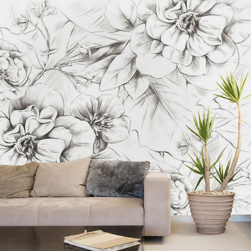 Peony Sketch Wall Paper Murals Modernist Waterproof Bedroom Wall Art, Made to Measure Black-White Clearhalo 'Wall Decor' 'Wall Mural' 1289026