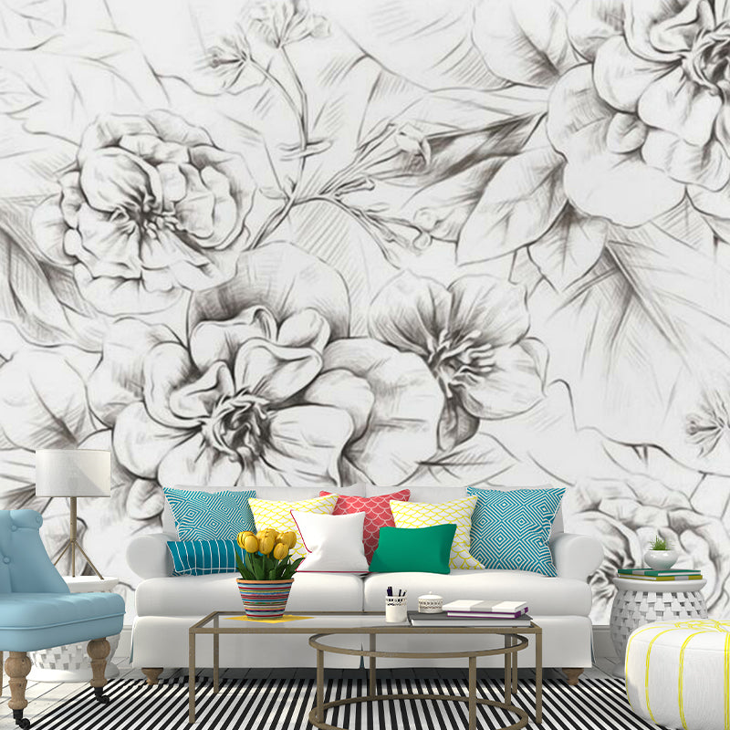 Peony Sketch Wall Paper Murals Modernist Waterproof Bedroom Wall Art, Made to Measure Clearhalo 'Wall Decor' 'Wall Mural' 1289027