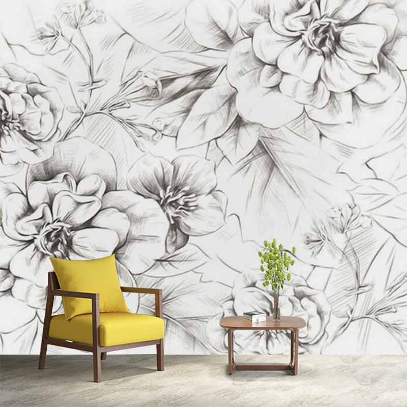 Peony Sketch Wall Paper Murals Modernist Waterproof Bedroom Wall Art, Made to Measure Clearhalo 'Wall Decor' 'Wall Mural' 1289028