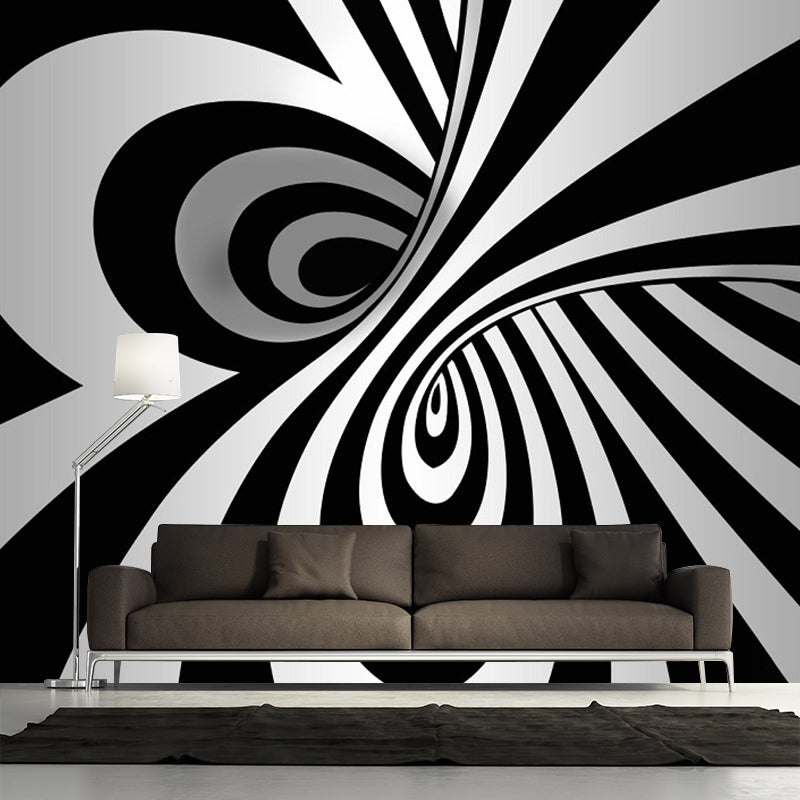 Modern Zebra Print Murals Wallpaper Black-White Spiral Wall Covering for Living Room Black-White Clearhalo 'Wall Decor' 'Wall Mural' 1289036