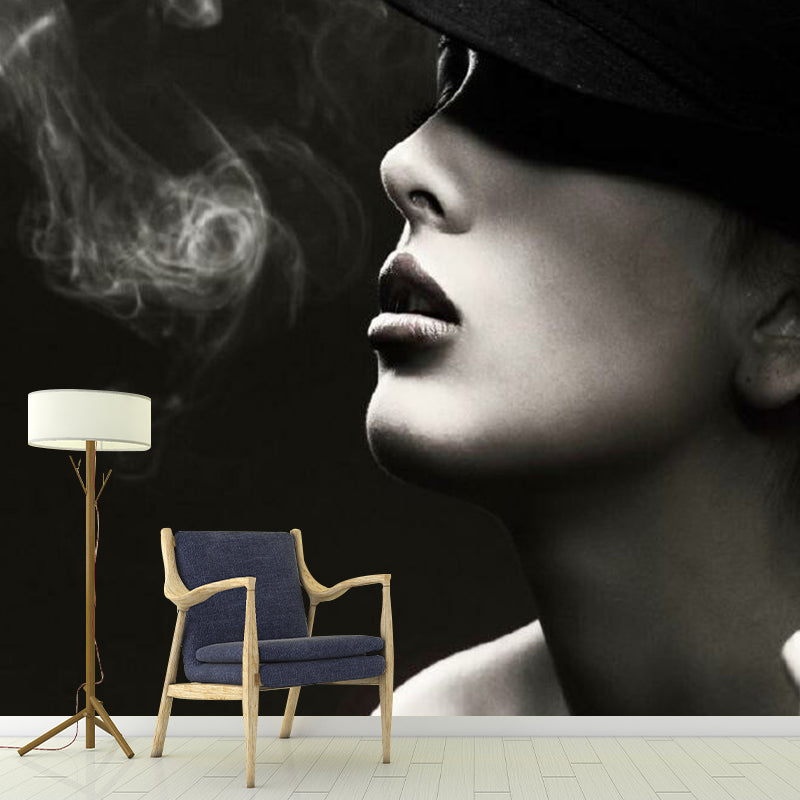 Elegant Smoking Woman Mural Decal for Bedroom, Black-White, Custom Size Available Black-White Clearhalo 'Wall Decor' 'Wall Mural' 1289046