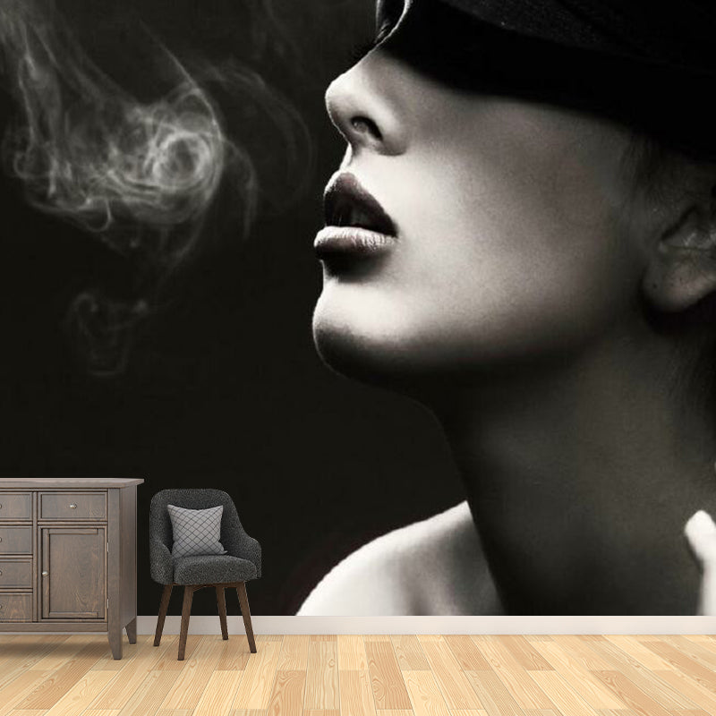 Elegant Smoking Woman Mural Decal for Bedroom, Black-White, Custom Size Available Clearhalo 'Wall Decor' 'Wall Mural' 1289047