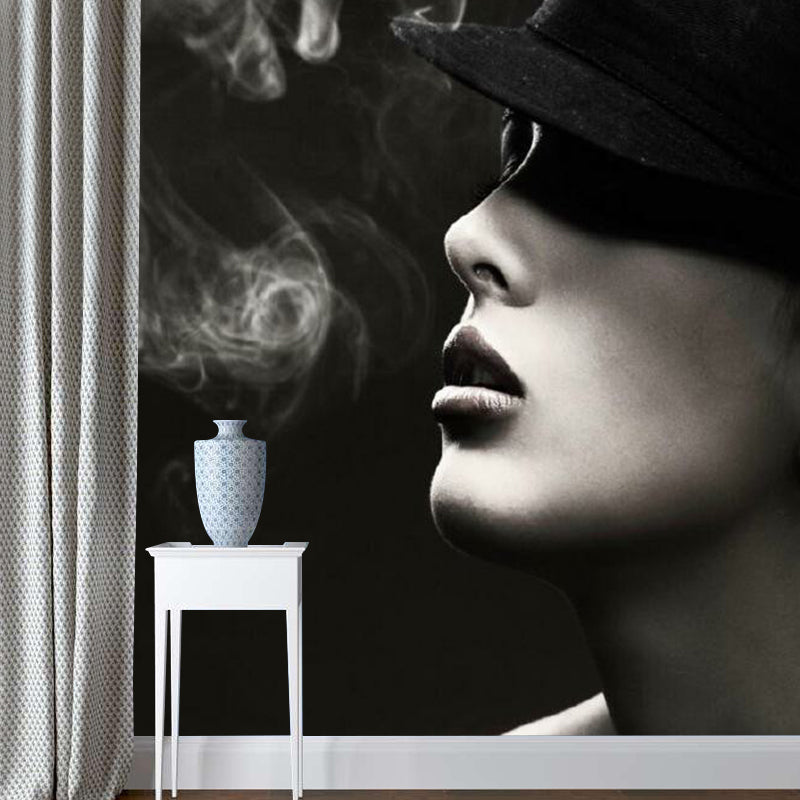 Elegant Smoking Woman Mural Decal for Bedroom, Black-White, Custom Size Available Clearhalo 'Wall Decor' 'Wall Mural' 1289048