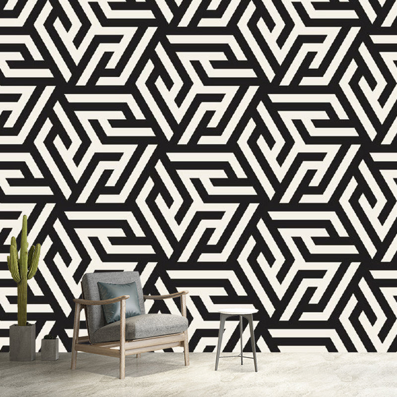 Geometry Maze Mural Wallpaper Modern Style Non-Woven Wall Decor in Black and White Black-White Clearhalo 'Wall Decor' 'Wall Mural' 1289086