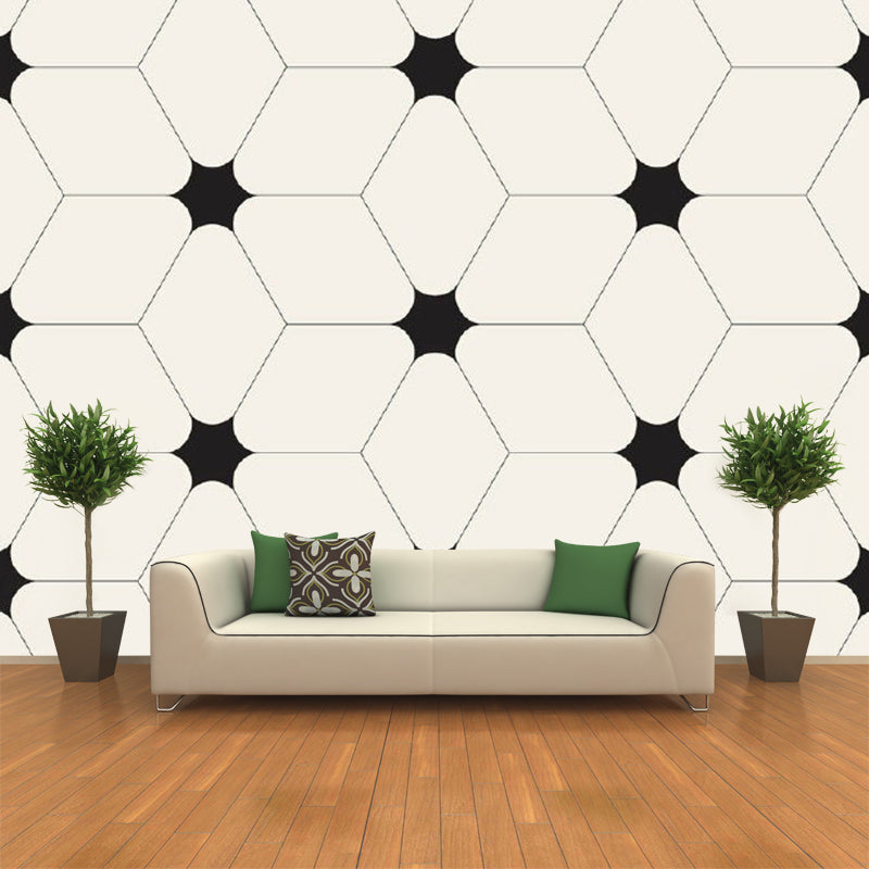 Geometric Cube and Star Mural Decal Minimalistic Non-Woven Cloth Wall Covering in Black-White Black-White Clearhalo 'Wall Decor' 'Wall Mural' 1289106