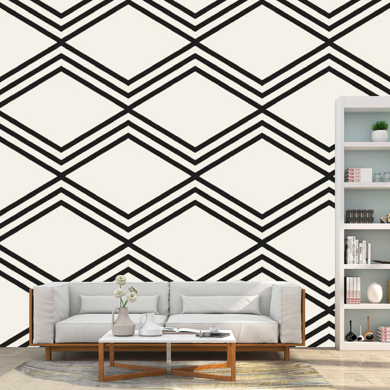 Large Rhombus Seamless Pattern Murals Minimalistic Geometry Wall Art in Black-White Clearhalo 'Wall Decor' 'Wall Mural' 1289117