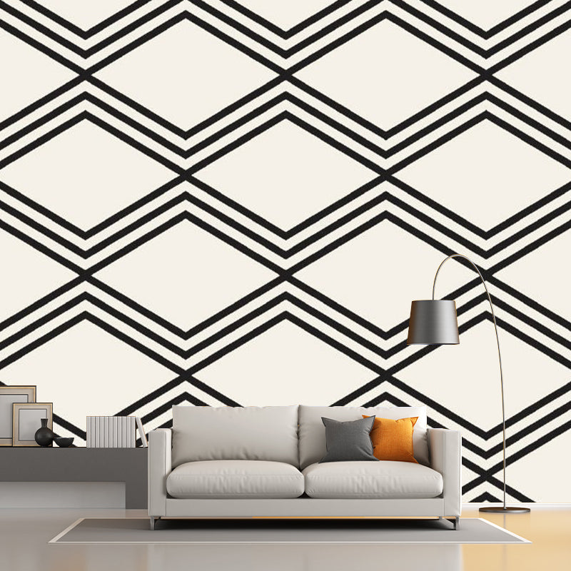 Large Rhombus Seamless Pattern Murals Minimalistic Geometry Wall Art in Black-White Clearhalo 'Wall Decor' 'Wall Mural' 1289118