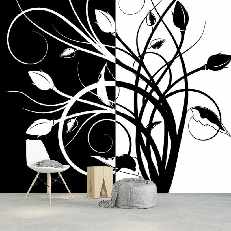 Swirled Flower Buds Mural Wallpaper Black-White Minimalistic Wall Art for Bedroom Black-White Clearhalo 'Wall Decor' 'Wall Mural' 1289151