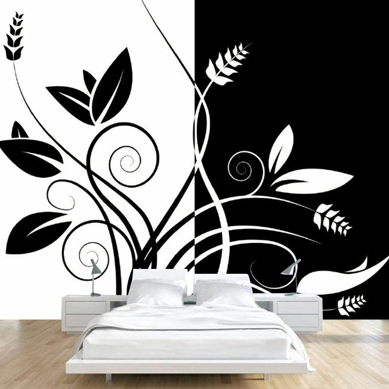 Black-White Floral Wallpaper Mural Stain-Proof Minimalist Bedroom Wall Decoration Clearhalo 'Wall Decor' 'Wall Mural' 1289167