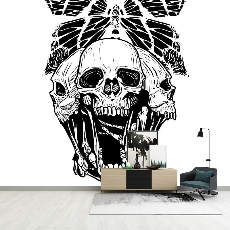 Death Skull and Butterfly Murals Novelty Non-Woven Material Wall Decor in Black-White Clearhalo 'Wall Decor' 'Wall Mural' 1289192